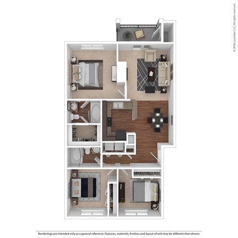 Floor plan for 3 beds, 2 baths, 1139 sqft